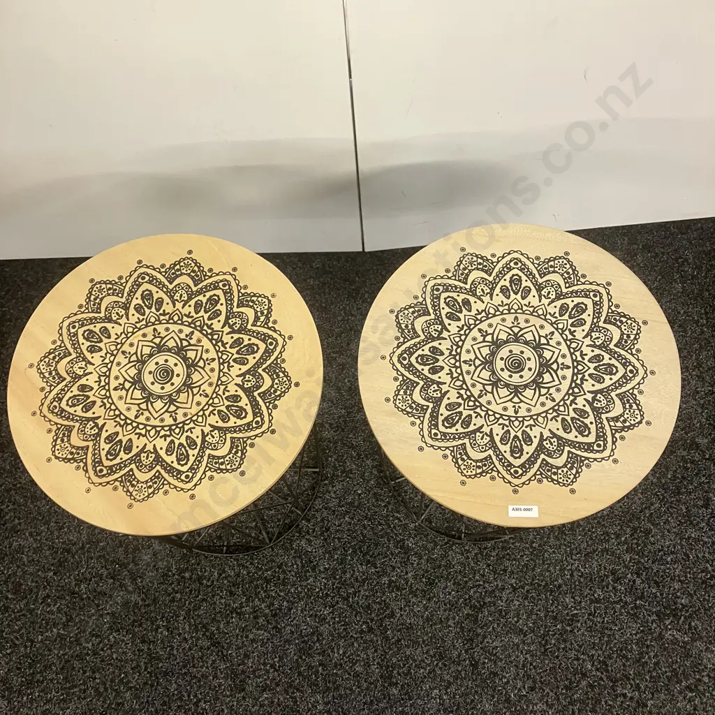 Pair of Black Metal Side Tables With Decorated Round Wooden Tops. 46 x 36cm Image 1++
