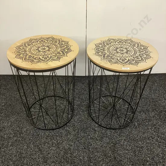 Pair of Black Metal Side Tables With Decorated Round Wooden Tops. 46 x 36cm