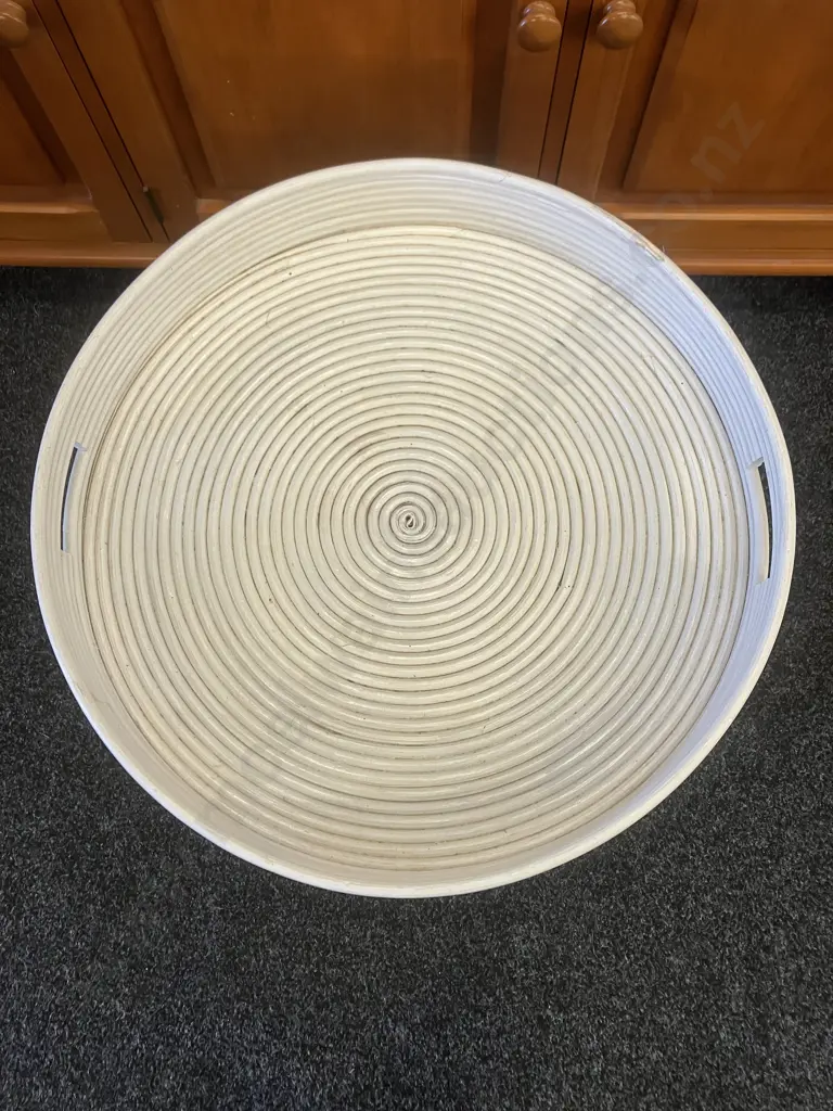 White Circular Rattan Tray Top Table (10 x 53cm) With Wooden Folding Base. 59 x 53cm Image 1++