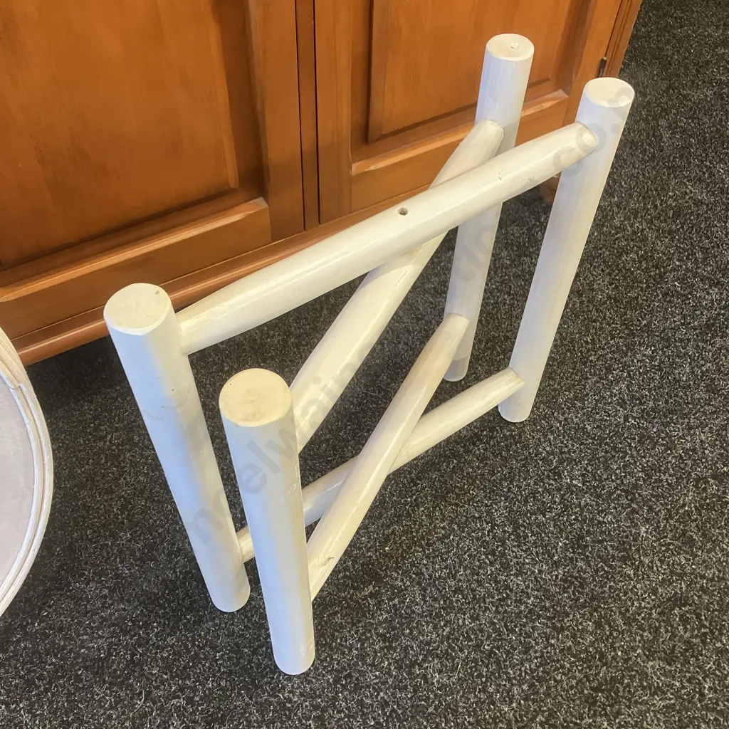 White Circular Rattan Tray Top Table (10 x 53cm) With Wooden Folding Base. 59 x 53cm Image 1++