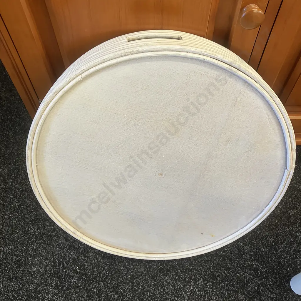 White Circular Rattan Tray Top Table (10 x 53cm) With Wooden Folding Base. 59 x 53cm Image 1++