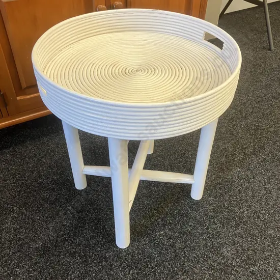 White Circular Rattan Tray Top Table (10 x 53cm) With Wooden Folding Base. 59 x 53cm