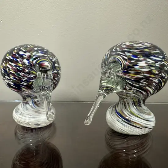 Pair Of Vintage Hand Blown 'Hokitika' NZ Art Glass Kiwi Bird Sculpture