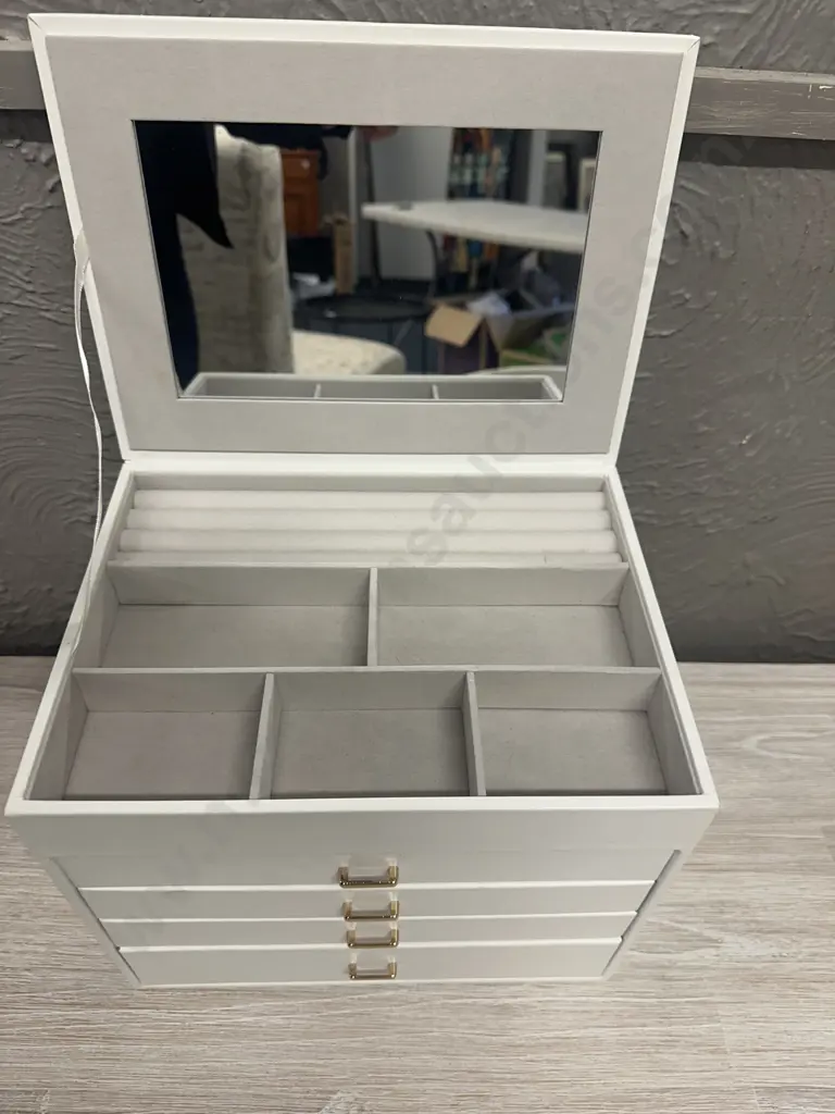 White Jewellery Box Lift Up Top With Drawers H24,W30,D22cm. Image 1++