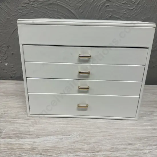 White Jewellery Box Lift Up Top With Drawers H24,W30,D22cm.