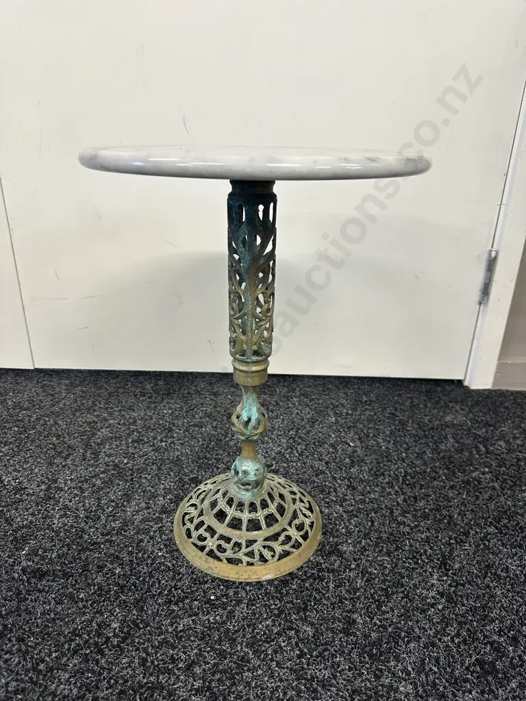 Round Marble Topped Occasional Table With Ornate Brass Pedestal Base. 43 x 31cm Image 1++
