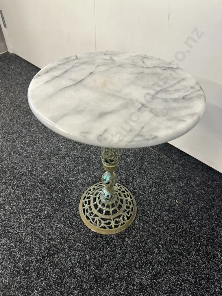 Round Marble Topped Occasional Table With Ornate Brass Pedestal Base. 43 x 31cm Image 1++