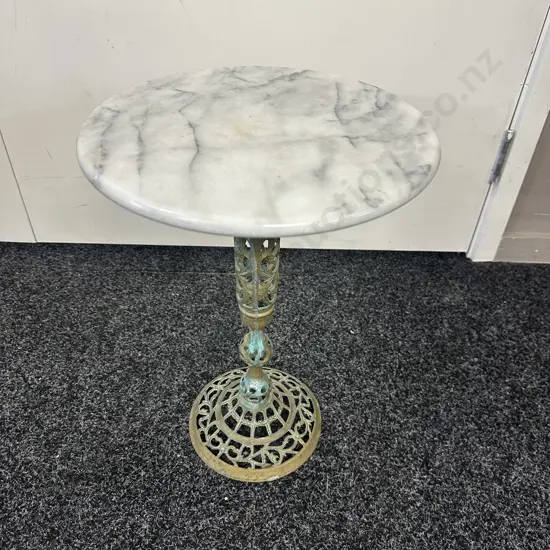 Round Marble Topped Occasional Table With Ornate Brass Pedestal Base. 43 x 31cm