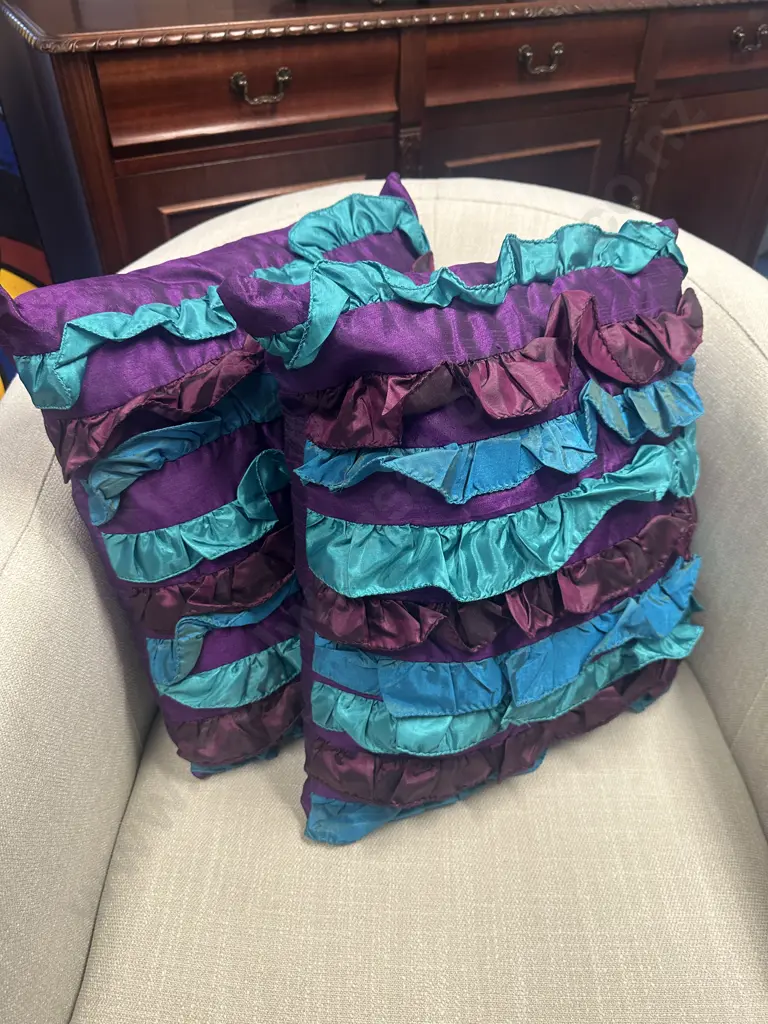 Ex Harvey Norman - Pair of New Mulberi Cushions, Purple & Aqua Tones Image 1++