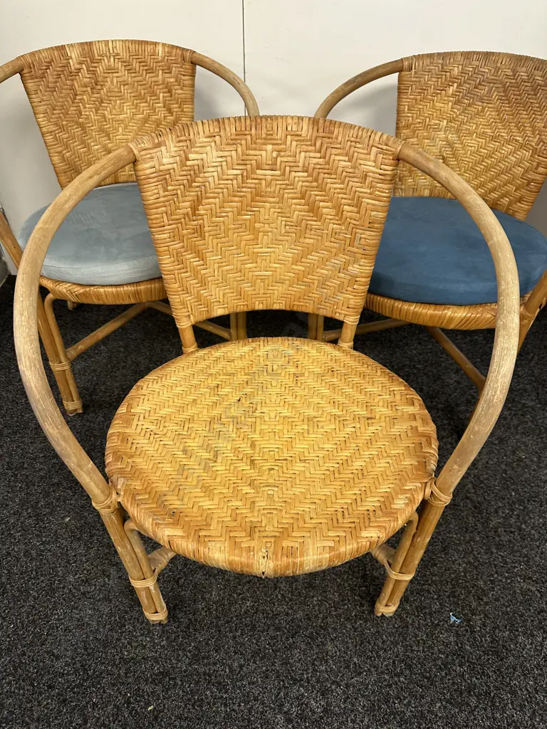 Set of Three Woven Rattan & Cane Armed Tub Chairs With Blue Squabs Image 1++