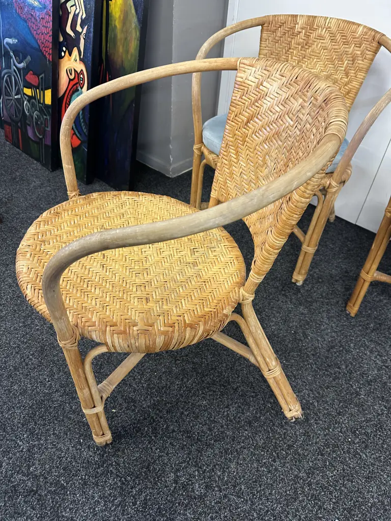 Set of Three Woven Rattan & Cane Armed Tub Chairs With Blue Squabs Image 1++