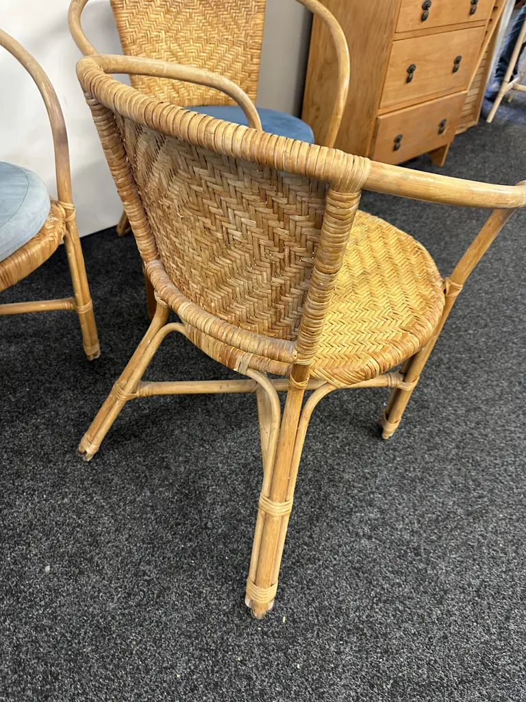 Set of Three Woven Rattan & Cane Armed Tub Chairs With Blue Squabs Image 1++