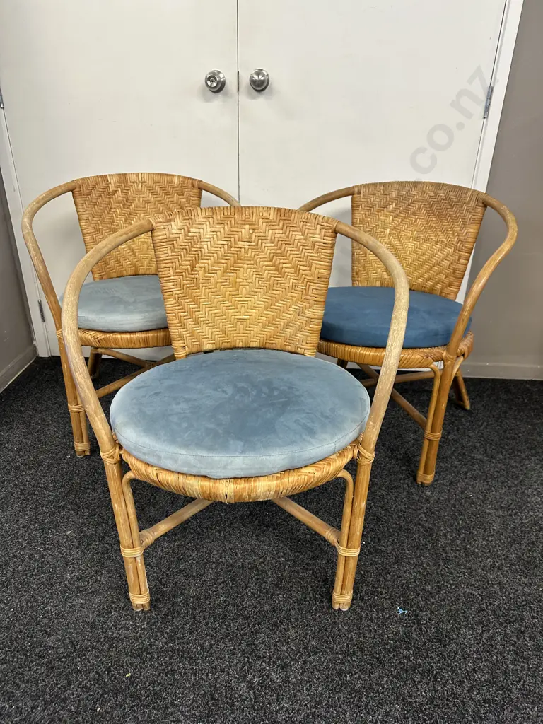 Set of Three Woven Rattan & Cane Armed Tub Chairs With Blue Squabs Image 1++