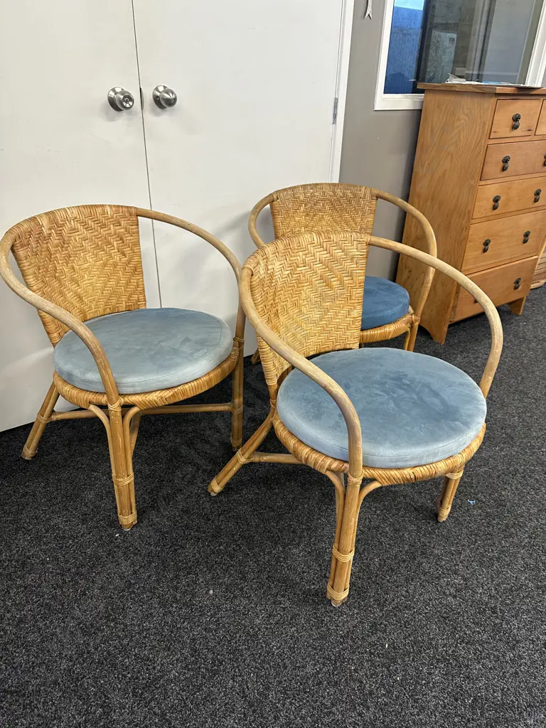 Set of Three Woven Rattan & Cane Armed Tub Chairs With Blue Squabs Image 1++