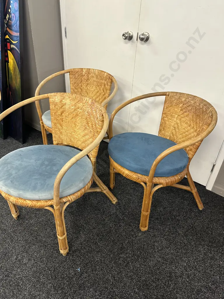 Set of Three Woven Rattan & Cane Armed Tub Chairs With Blue Squabs Image 1++