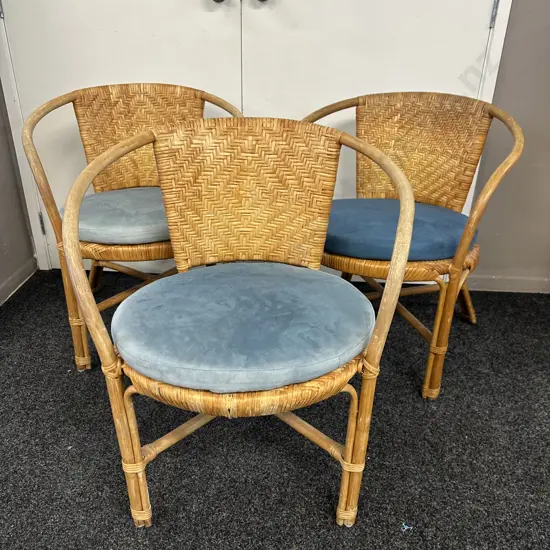 Set of Three Woven Rattan & Cane Armed Tub Chairs With Blue Squabs