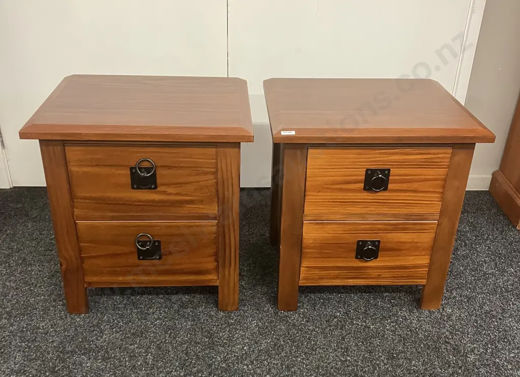 Pair of 2 Drawer Wooden Bedsides With Black Steel Ring Handles Ex Harvey Norman. H55 W52 D43cm Image 1++