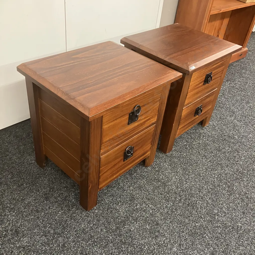 Pair of 2 Drawer Wooden Bedsides With Black Steel Ring Handles Ex Harvey Norman. H55 W52 D43cm Image 1++