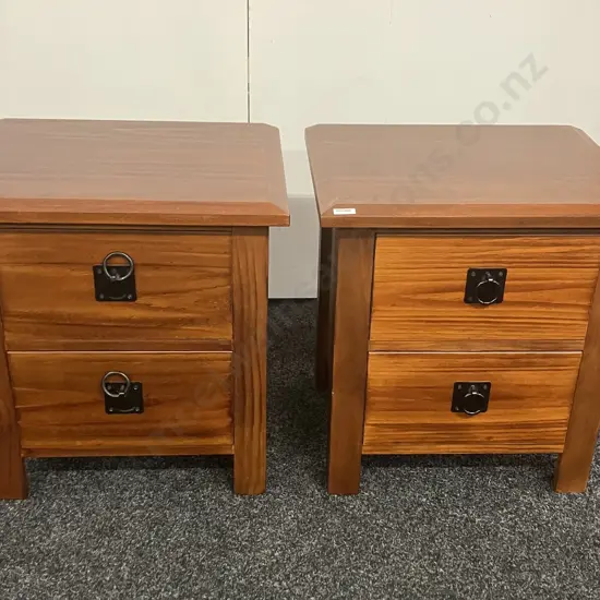 Pair of 2 Drawer Wooden Bedsides With Black Steel Ring Handles Ex Harvey Norman. H55 W52 D43cm