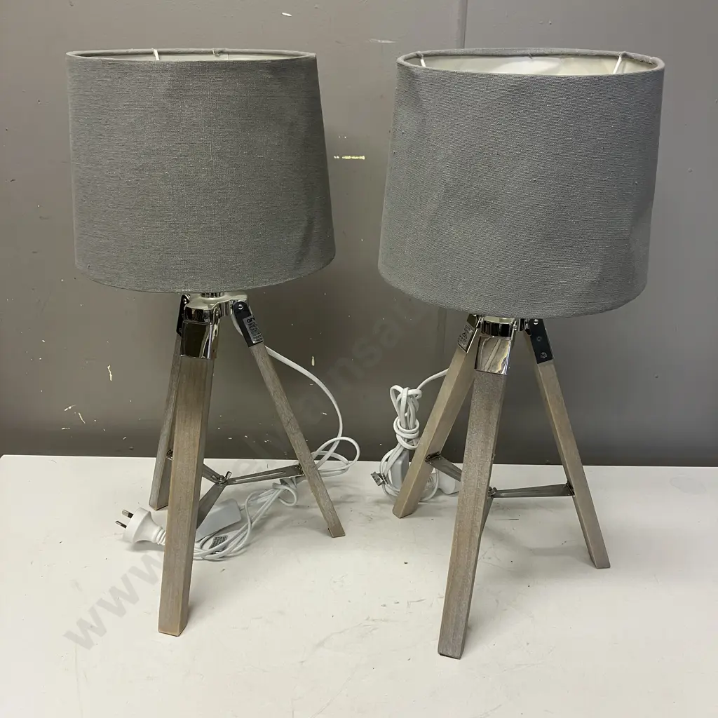 Pair of Wooden Tripod Table Lamps Image 1++