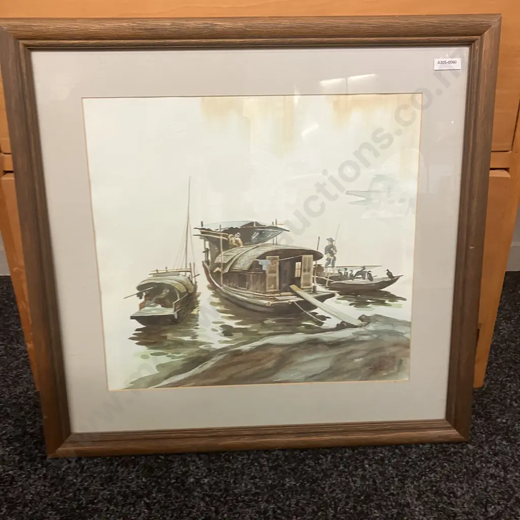Framed Artwork - Sampans & Cormorants, Signed. 53 x 55cm Image 1++