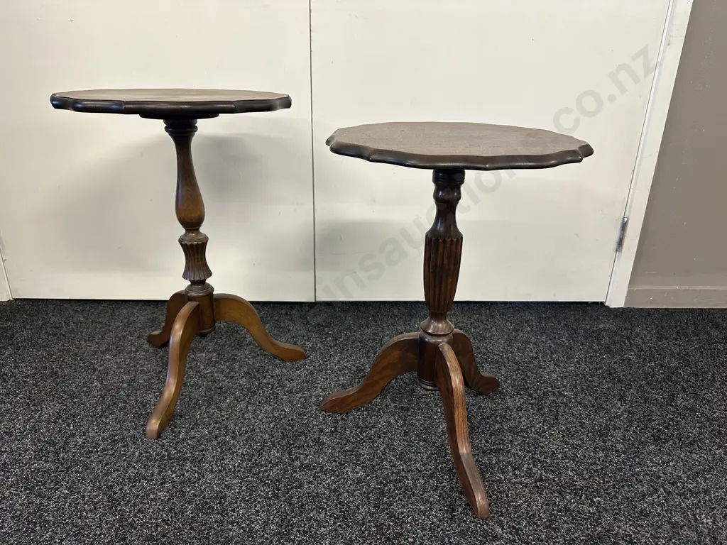 Pair of Mahogany Wine Tables, Turned Pedestal Bases, Tri legs. H57cm & 54cm Image 1++