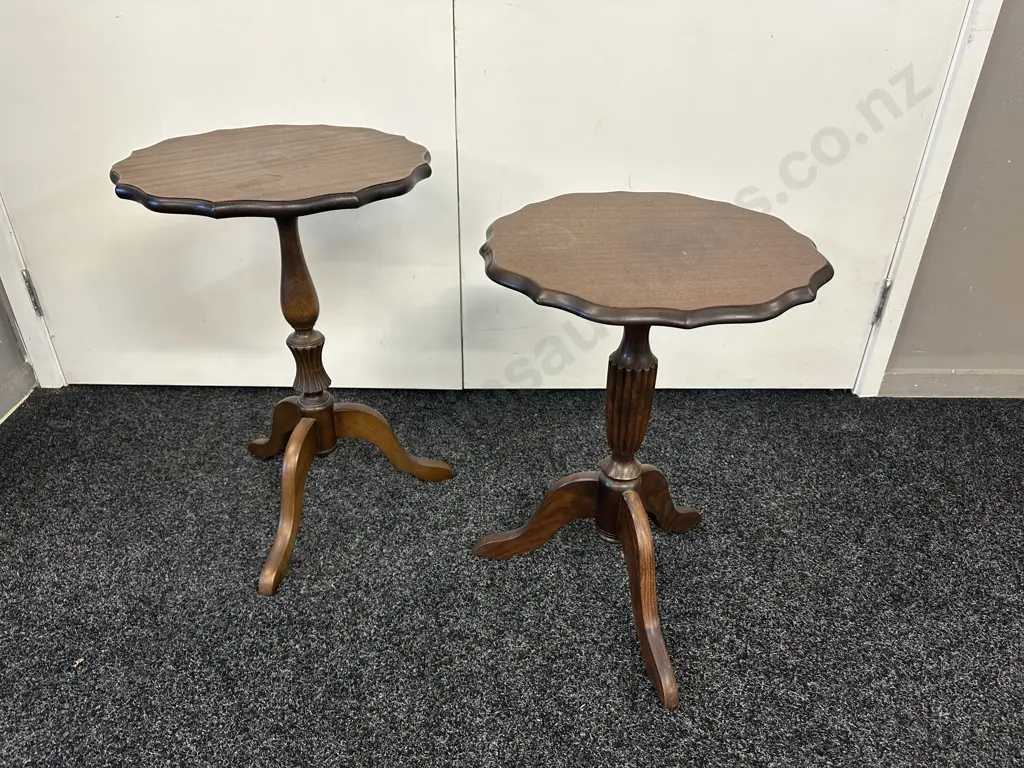 Pair of Mahogany Wine Tables, Turned Pedestal Bases, Tri legs. H57cm & 54cm Image 1++