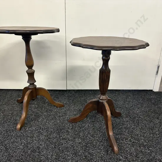 Pair of Mahogany Wine Tables, Turned Pedestal Bases, Tri legs. H57cm & 54cm