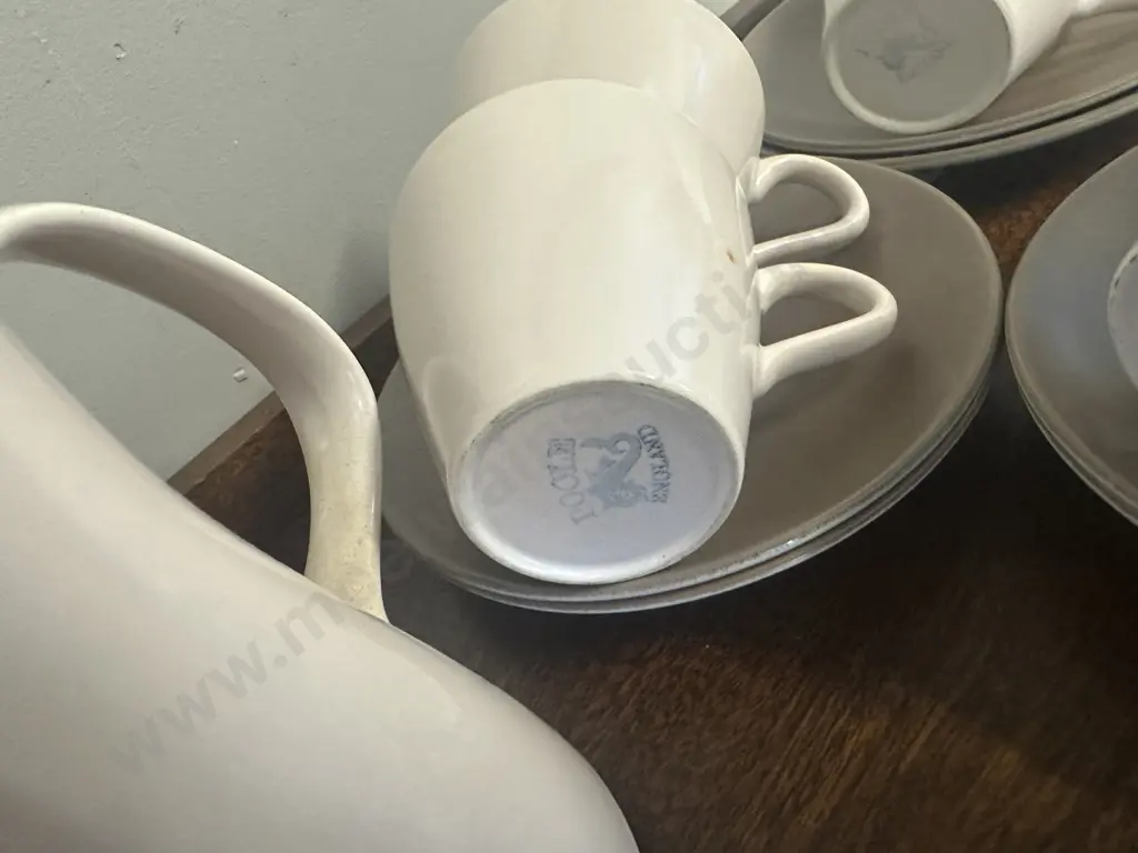 Poole Coffee Pot, Water Jug, Sugar Bowl & Duos Mushroom Tones Image 1++