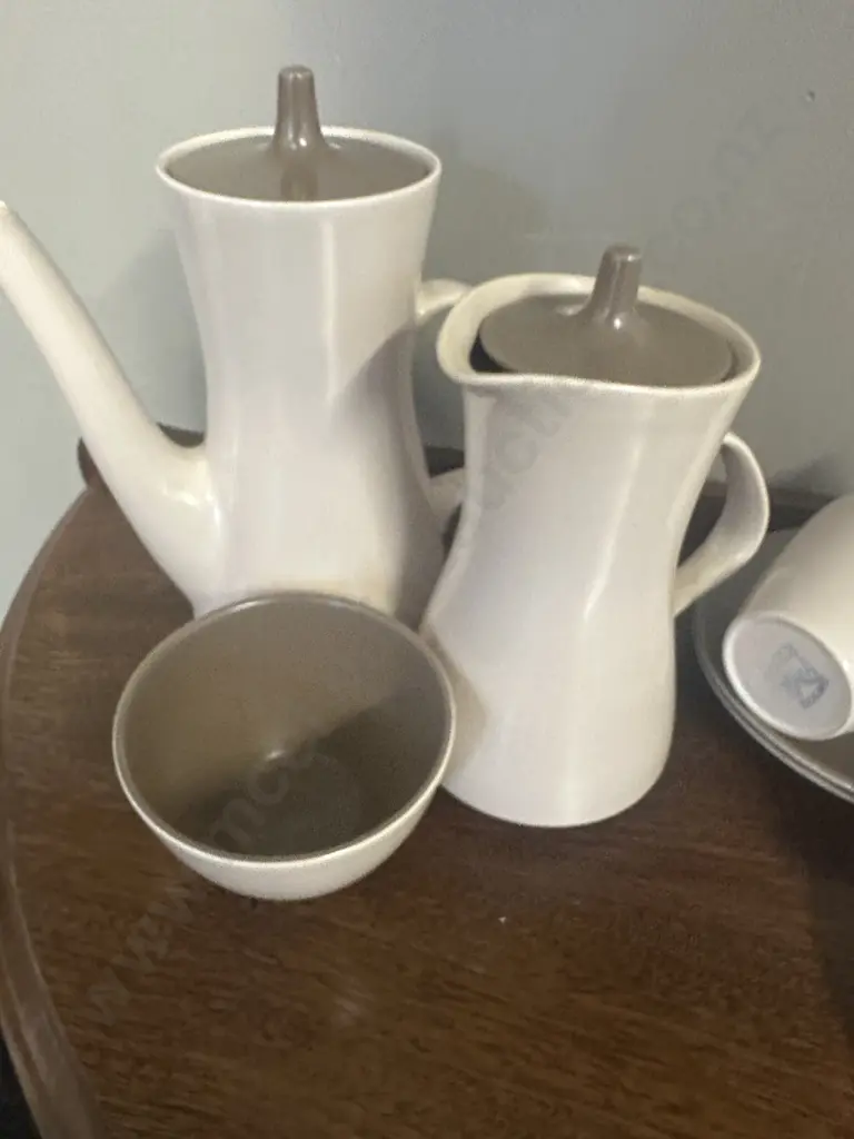 Poole Coffee Pot, Water Jug, Sugar Bowl & Duos Mushroom Tones Image 1++