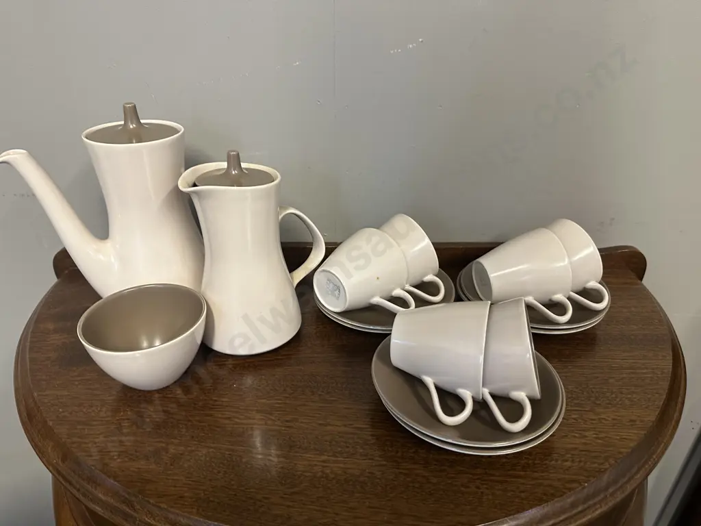 Poole Coffee Pot, Water Jug, Sugar Bowl & Duos Mushroom Tones Image 1++