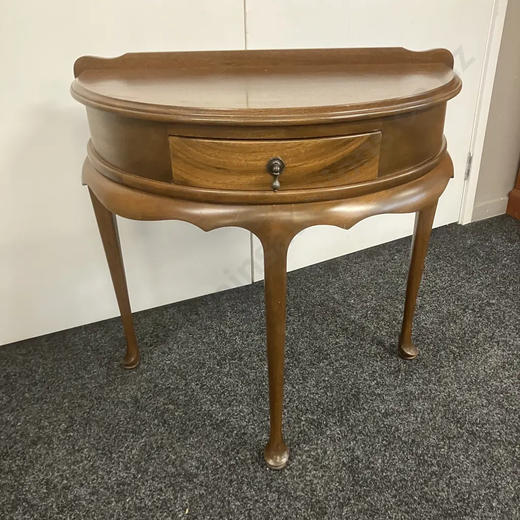 Mahogany 1/2 Round Table With Single Drawer, Cabriole Legs. H69 W72 D37cm Image 1++