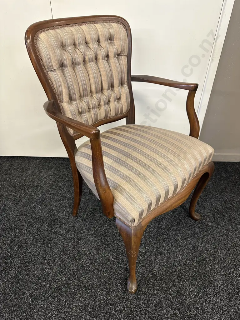 Mahogany Armed Chair, Button Back, Blue / Brown Toned Fabric Image 1++