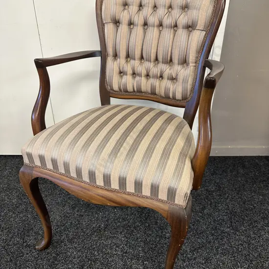 Mahogany Armed Chair, Button Back, Blue / Brown Toned Fabric
