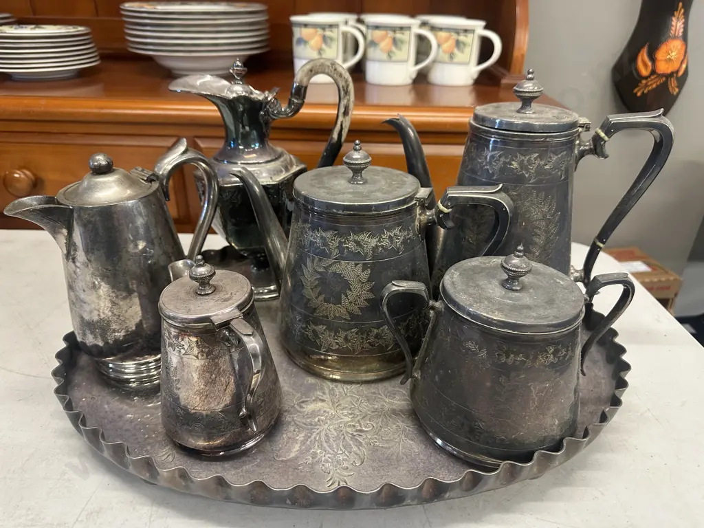 Vintage Assorted Silverware Including Coffee Pots, Sugar Bowl Etc On Large Oval Footed Tray Image 1++