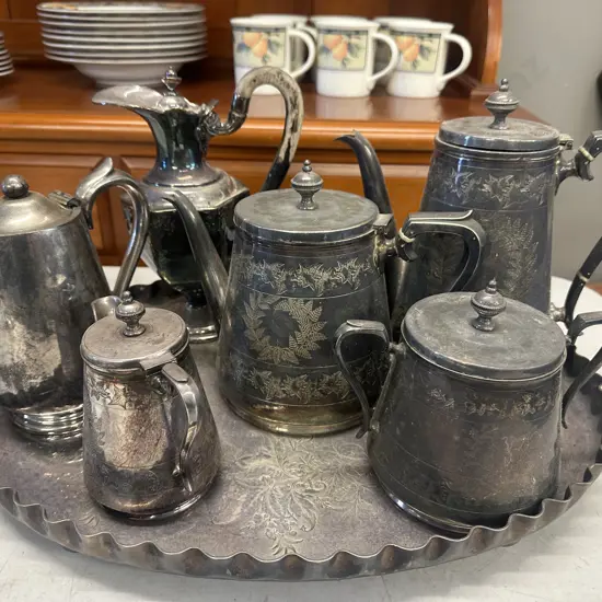 Vintage Assorted Silverware Including Coffee Pots, Sugar Bowl Etc On Large Oval Footed Tray