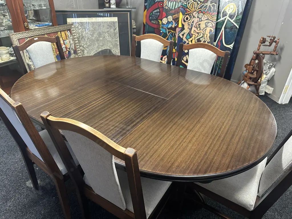 Round Extension Dining Table (75 x 120cm With 55cm Extension) With 6 Wooden Dining Chairs With Pale Grey Fabric Image 1++