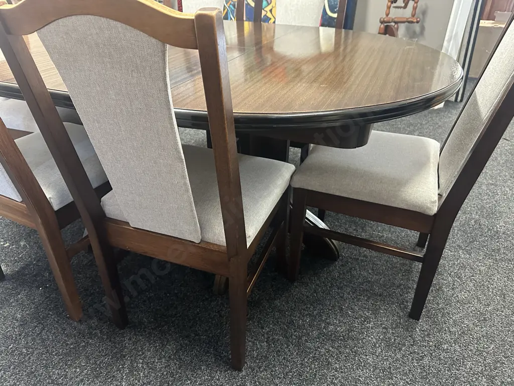 Round Extension Dining Table (75 x 120cm With 55cm Extension) With 6 Wooden Dining Chairs With Pale Grey Fabric Image 1++