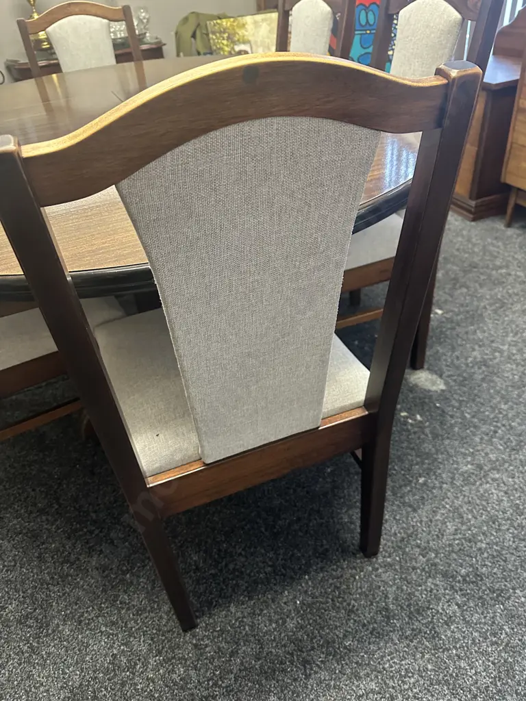 Round Extension Dining Table (75 x 120cm With 55cm Extension) With 6 Wooden Dining Chairs With Pale Grey Fabric Image 1++