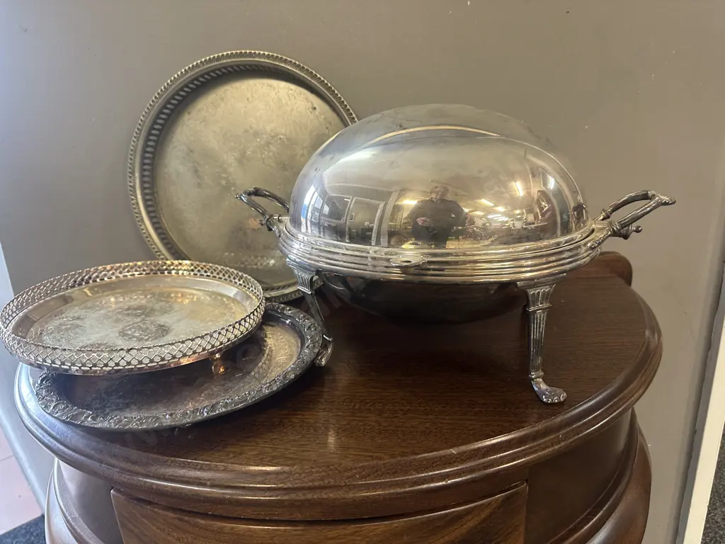 Selection Of Silverware Items Including Covered Serving Dish, Trays Etc Image 1++