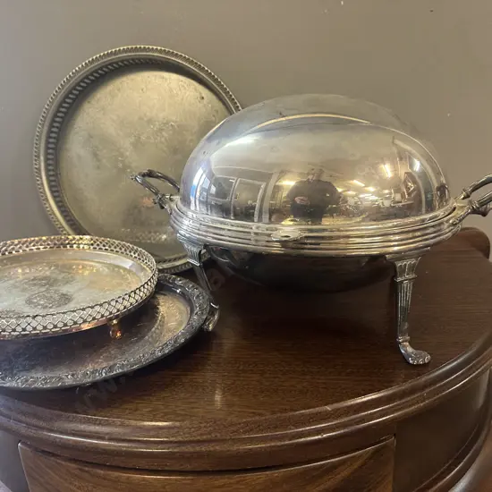 Selection Of Silverware Items Including Covered Serving Dish, Trays Etc