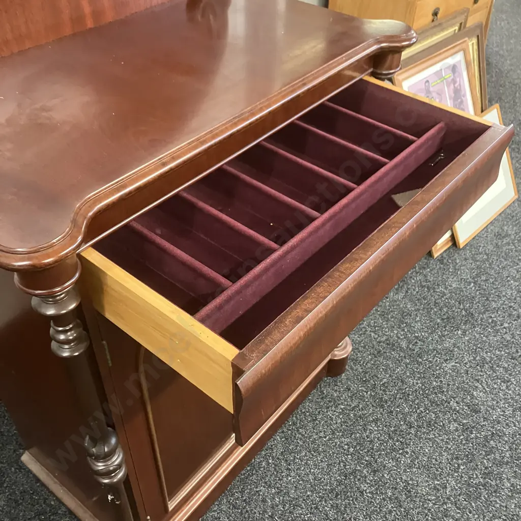 Mahogany Chiffonier 2 Door, With Key, Flocked Cutlery Drawer, Turned Front Supports. H133 W87 D46cm Image 1++