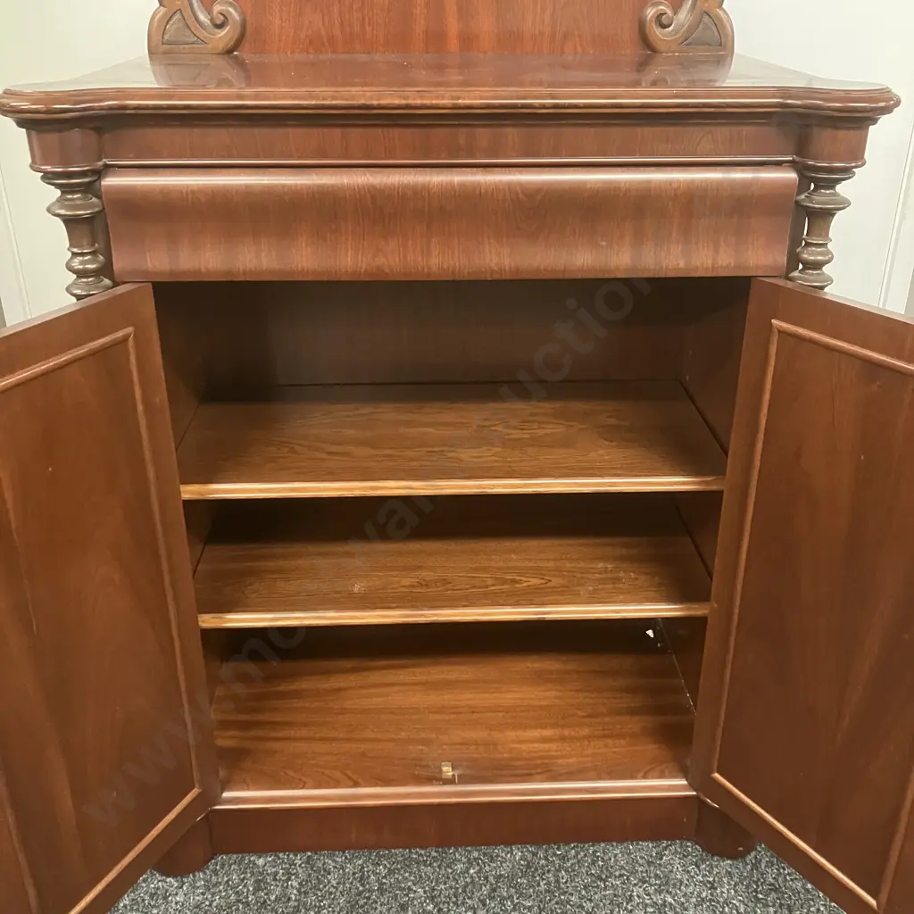 Mahogany Chiffonier 2 Door, With Key, Flocked Cutlery Drawer, Turned Front Supports. H133 W87 D46cm Image 1++