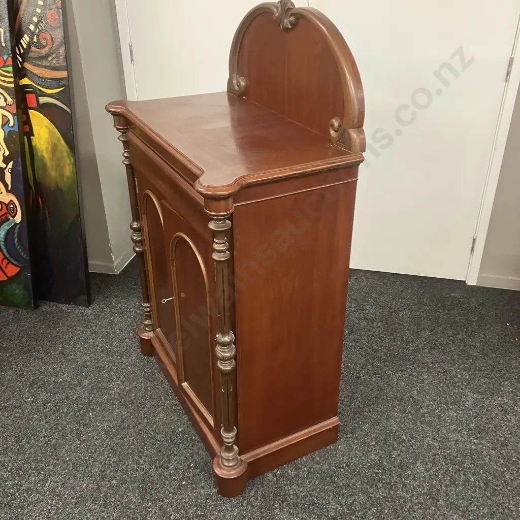 Mahogany Chiffonier 2 Door, With Key, Flocked Cutlery Drawer, Turned Front Supports. H133 W87 D46cm Image 1++