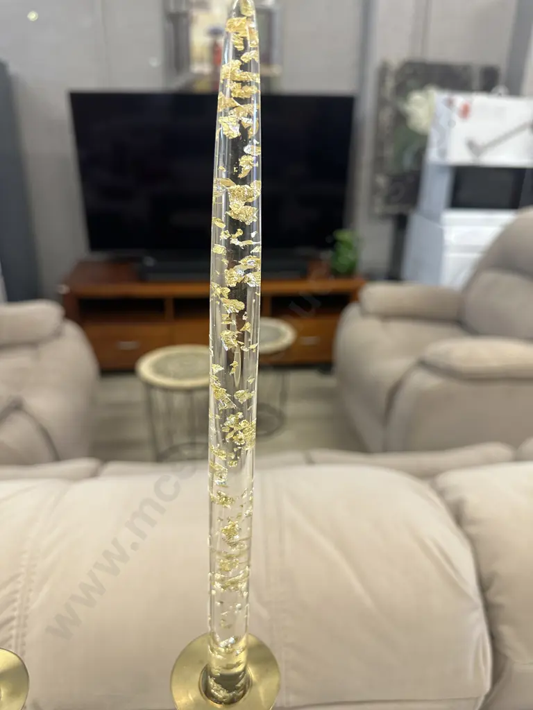 Pair Of Brass Candle Stick Holders & Candles With Gold Coloured Flakes H58cm Image 1++