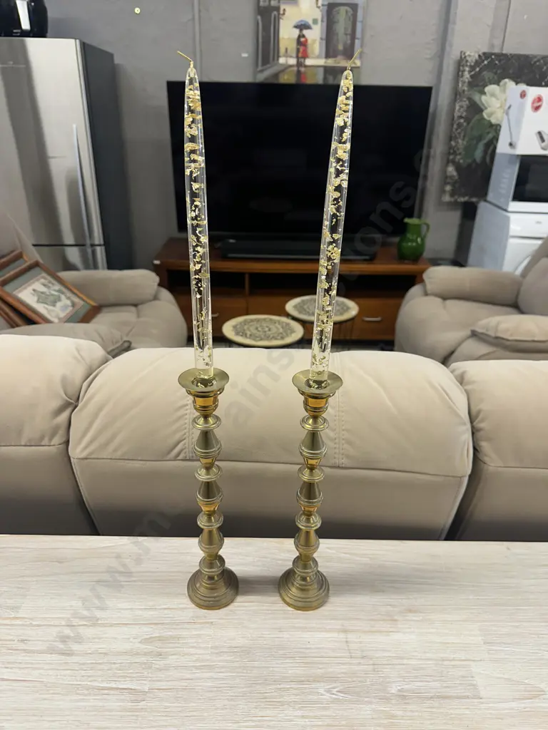 Pair Of Brass Candle Stick Holders & Candles With Gold Coloured Flakes H58cm Image 1++