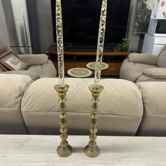 Pair Of Brass Candle Stick Holders & Candles With Gold Coloured Flakes H58cm