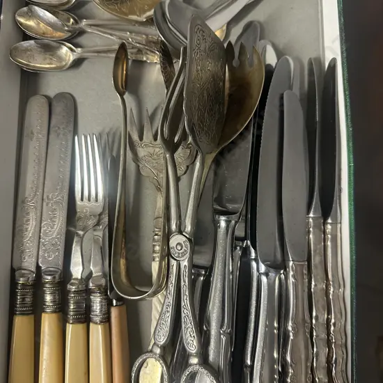 Assorted Silverware Items Including Bone Handled Knives, Teaspoons Etc