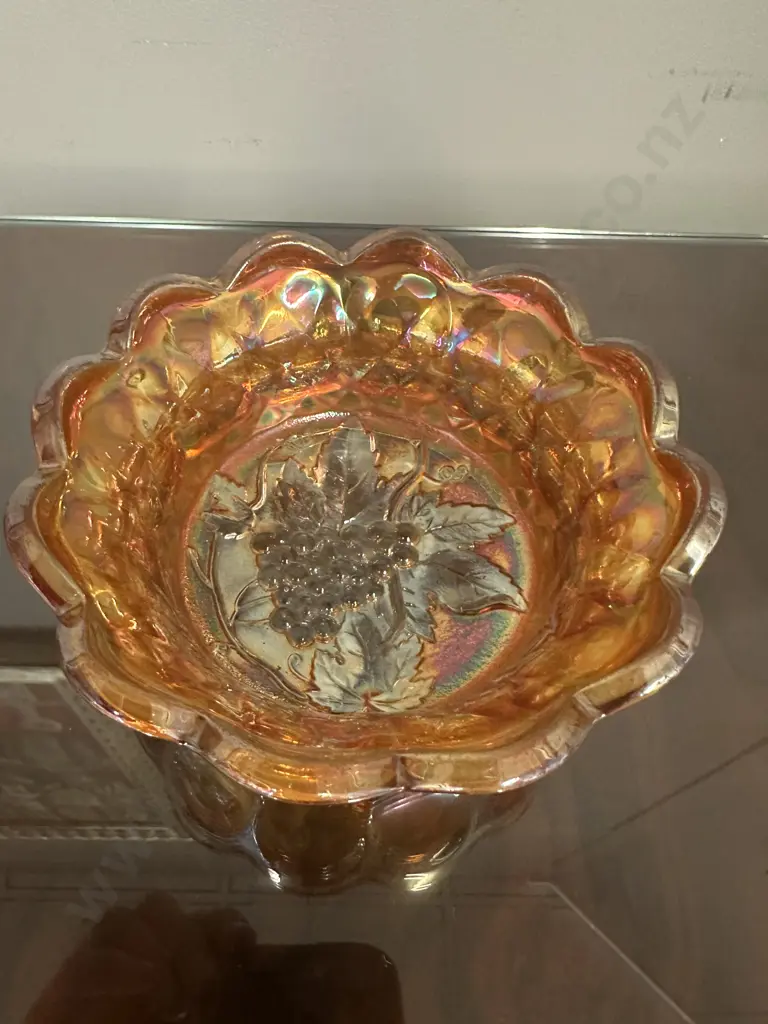 Vintage Carnival Glass Bowl Marigold With Grape Pattern H6cm,Dia15cm. Image 1++