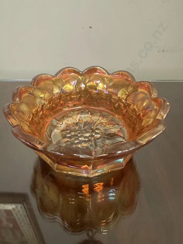 Vintage Carnival Glass Bowl Marigold With Grape Pattern H6cm,Dia15cm. Image 1++